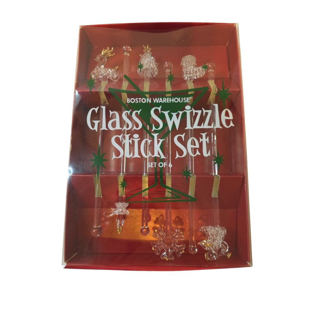Boston Warehouse Glass Swizzle Stick Set Set Of 6 Christmas Tree Stocking...